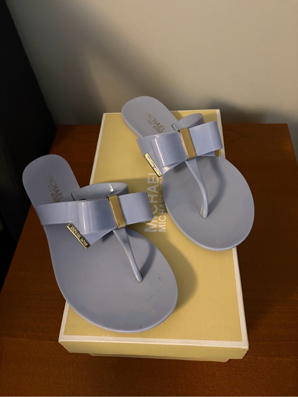 Michael Kors Light Blue Bow Thong Sandals with Gold Accents
